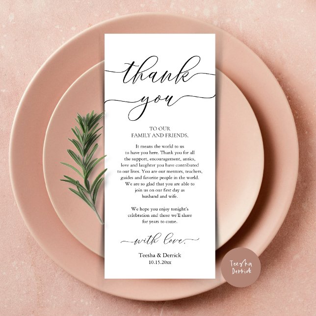 Inställning av tackkort för dagens Romantik Ställe Program (Wedding Dinner Place Setting Thank You Card, Plate Decoration, Modern Script, in Black and White)