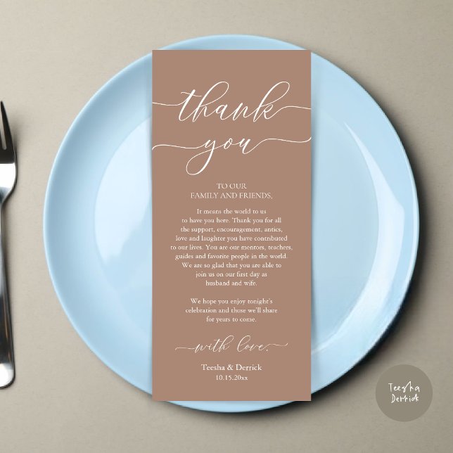 Inställning av tackkort för dagens Romantik Ställe Program (Wedding Dinner Place Setting Thank You Card, Plate Decoration, Modern Script, in Taupe)