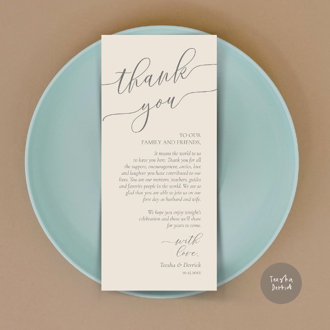Inställning av tackkort för dagens Romantik Ställe Program (Wedding Dinner Place Setting Thank You Card, Modern Romance Design, in Cream and Grey)