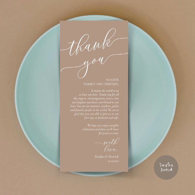 Inställning av tackkort för dagens Romantik Ställe Program (Wedding Dinner Place Setting Thank You Card, Modern Romance Design, in Warm Taupe)