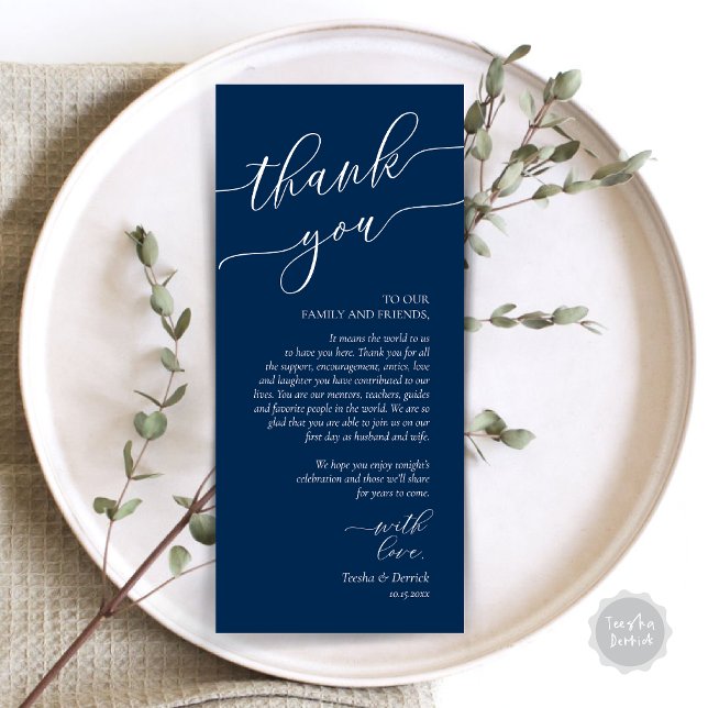Inställning av tackkort för dagens Romantik Ställe Program (Wedding Dinner Place Setting Thank You Card, Modern Romance Design, in Navy Blue)