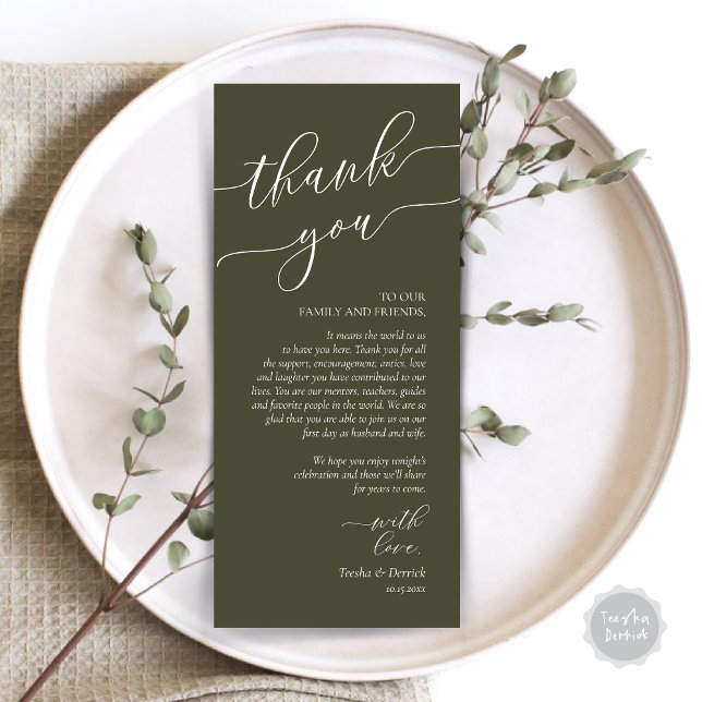 Inställning av tackkort för dagens Romantik Ställe Program (Wedding Dinner Place Setting Thank You Card, Modern Romance Design, in Olive Green)