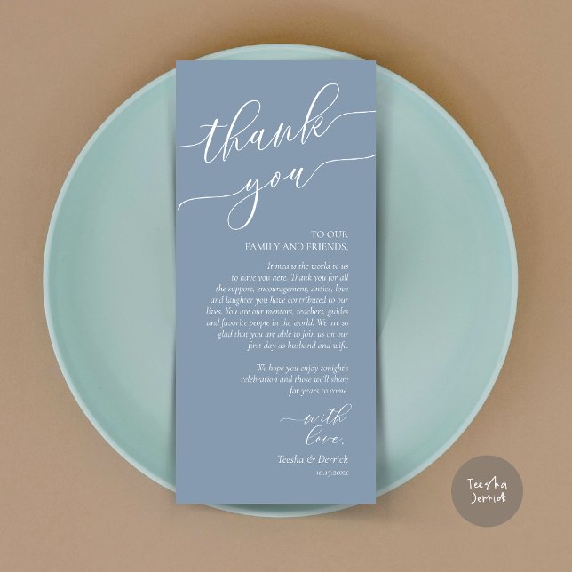Inställning av tackkort för dagens Romantik Ställe Program (Wedding Dinner Place Setting Thank You Card, Modern Romance Design, in Dusty Blue)
