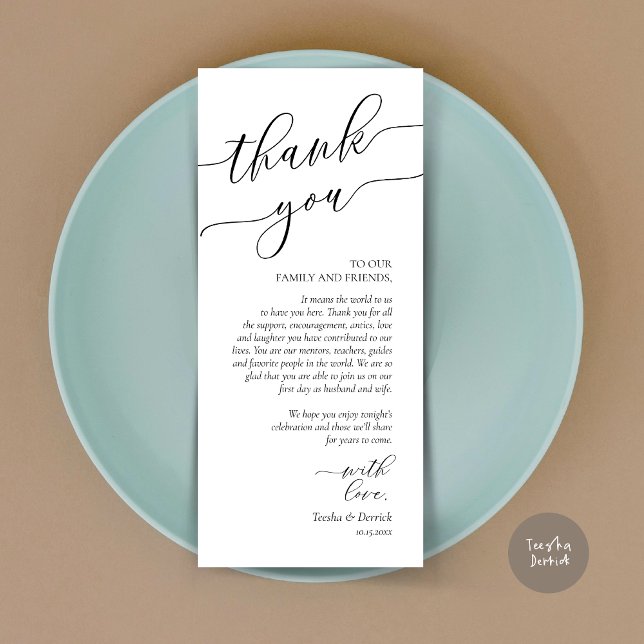Inställning av tackkort för dagens Romantik Ställe Program (Wedding Dinner Place Setting Thank You Card, Modern Romance Design, in Black and White)