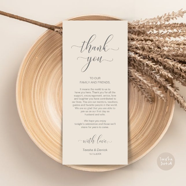 Inställning av tackkort för Elegant bröllop Ställe Program (Wedding Dinner Place Setting Thank You Card, in Modern Classy, cream dark grey)