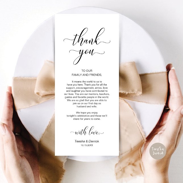 Inställning av tackkort för Elegant bröllop Ställe Program (Wedding Dinner Place Setting Thank You Card, in Modern Classy, Black and White)