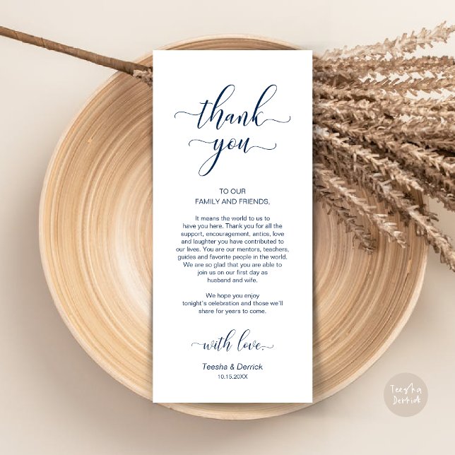 Inställning av tackkort för Elegant bröllop Ställe Program (Wedding Dinner Place Setting Thank You Card, in Modern Classy, Navy Blue)
