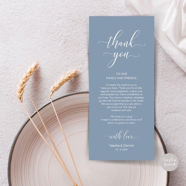 Inställning av tackkort för Elegant bröllop Ställe Program (Wedding Dinner Place Setting Thank You Card, in Modern Classy, Dusty Blue)