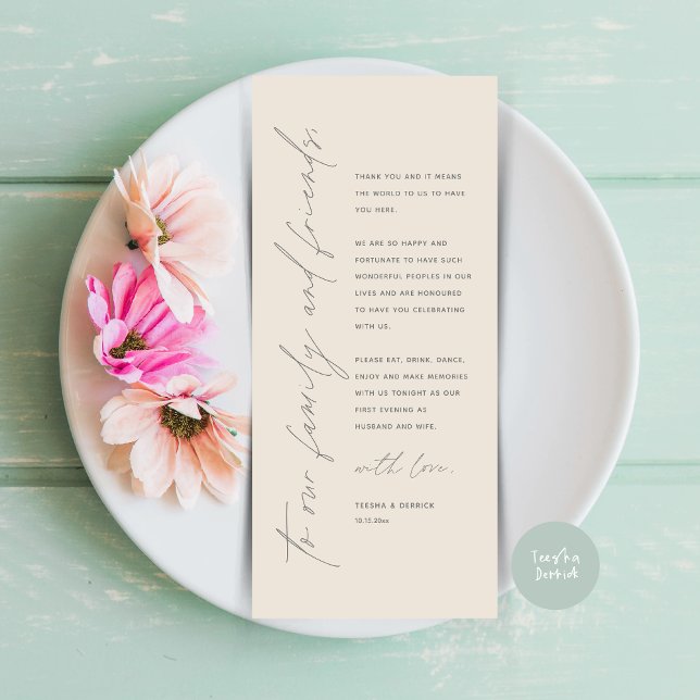 Inställning av tackkort för minimalistiskt Bröllop Program (Minimalist Wedding Place Setting Thank You Dinner Card, in Classy Cream dark grey)
