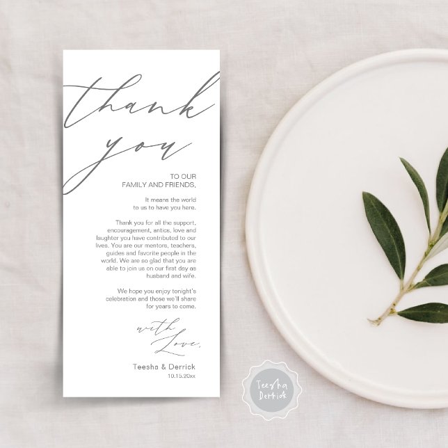 Inställning av tackkort för minimalistiskt Bröllop Program (Wedding Place Setting Dinner Thank You Card, Modern Romantic Script, in Dark Grey)