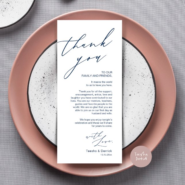 Inställning av tackkort för minimalistiskt Bröllop Program (Wedding Place Setting Dinner Thank You Card, Modern Romantic Script, in Navy Blue)
