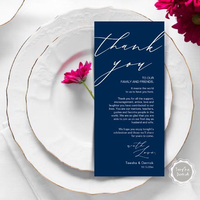 Inställning av tackkort för minimalistiskt Bröllop Program (Wedding Place Setting Dinner Thank You Card, Modern Romantic Script, in Navy Blue)