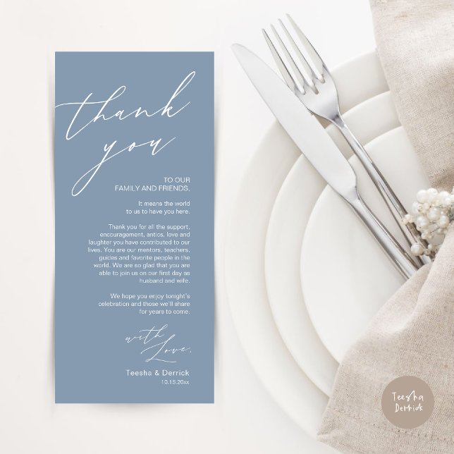 Inställning av tackkort för minimalistiskt Bröllop Program (Wedding Place Setting Dinner Thank You Card, Modern Romantic Script, in Dusty Blue)