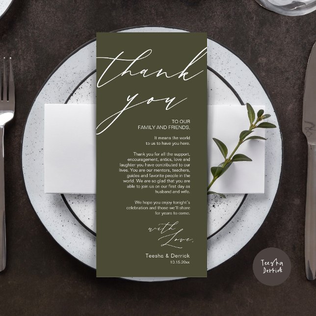 Inställning av tackkort för minimalistiskt Bröllop Program (Wedding Place Setting Dinner Thank You Card, Modern Romantic Script, in Olive Green)