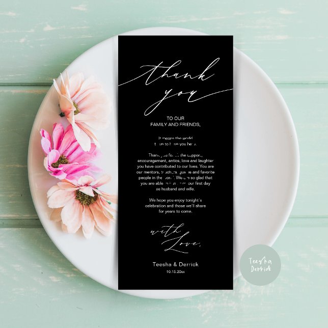 Inställning av tackkort för minimalistiskt Bröllop Program (Minimalist Wedding Dinner Place Setting Thank You Card, plate decor in Black and White)