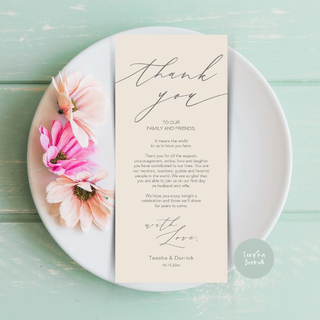 Inställning av tackkort för minimalistiskt Bröllop Program (Wedding Dinner Place Setting Thank You Card, Modern Minimalist Design, in Cream Dark Grey)