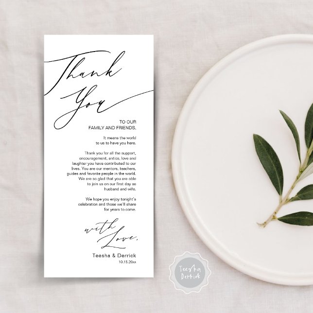 Inställning av tackkort för minimalistiskt Bröllop Program (Wedding Dinner Place Setting Thank You Card, Modern Minimalist, in Black and White)