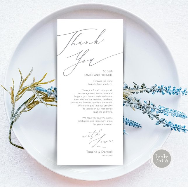 Inställning av tackkort för minimalistiskt Bröllop Program (Wedding Dinner Place Setting Thank You Card, Modern Minimalist, in Grey)