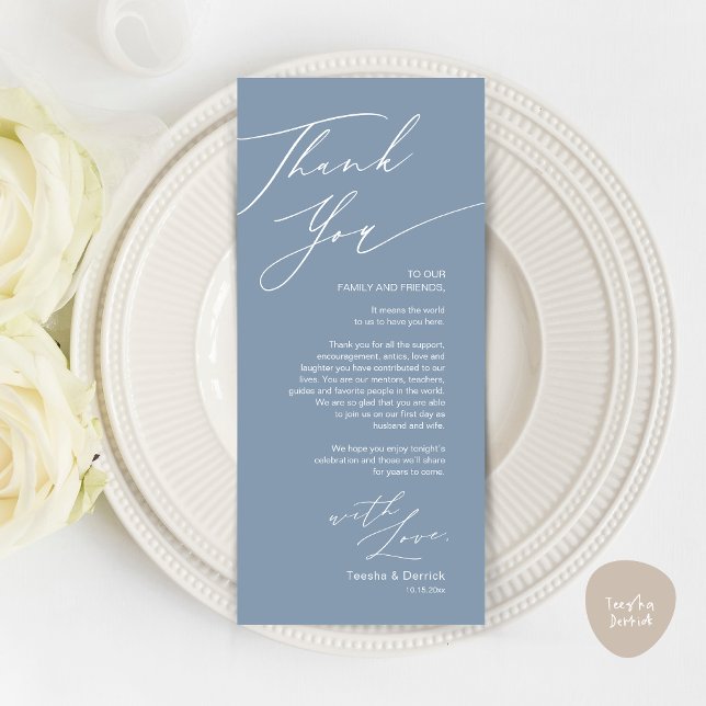 Inställning av tackkort för minimalistiskt Bröllop Program (Wedding Dinner Place Setting Thank You Card, Modern Minimalist, in Dusty Blue)