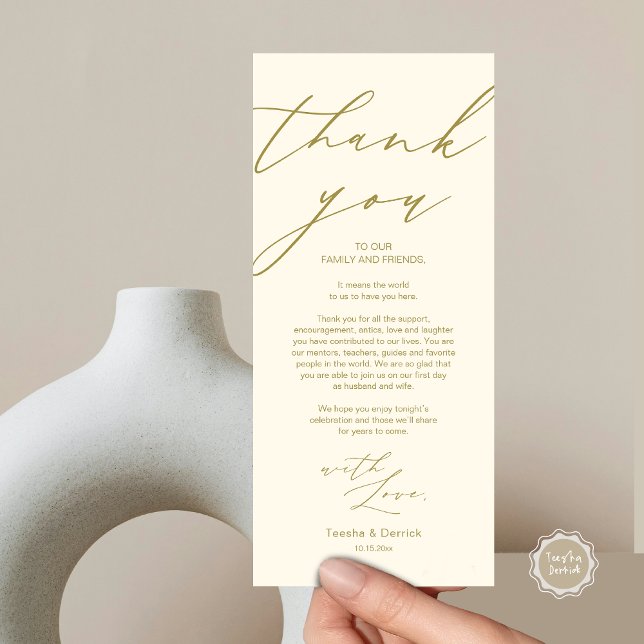 Inställning av tackkort för minimalistiskt Bröllop Program (Wedding Dinner Place Setting Thank You Card, in Modern Minimalist Script, Classy Gold)