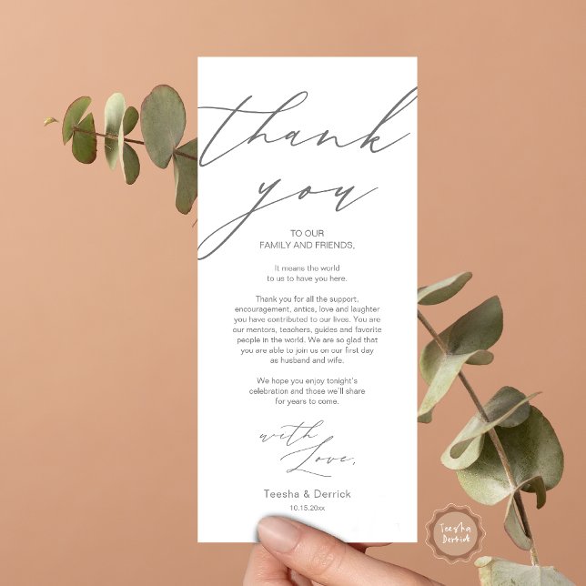 Inställning av tackkort för minimalistiskt Bröllop Program (Wedding Dinner Place Setting Thank You Card, in Modern Minimalist Script, Dark Grey.)