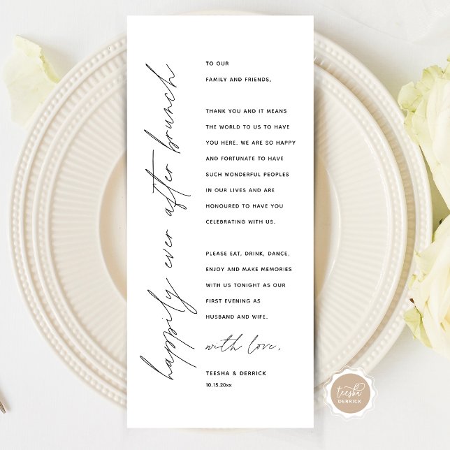 Inställning av tackkort för minimalistiskt Bröllop Program (Wedding Happily Ever After Brunch Place Setting Thank You Card, in Modern Minimalist Script Themed)