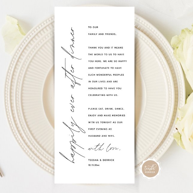 Inställning av tackkort för minimalistiskt Bröllop Program (Wedding Happily Ever After Dinner Place Setting Thank You Card, in Modern Minimalist Script Themed)