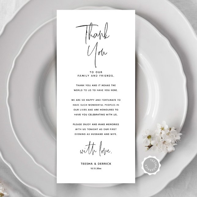 Inställning av tackkort för minimalistiskt Bröllop Program (Modern Minimalist Wedding Place Setting Thank You Card, Dinner Place Decor, Online Editable)