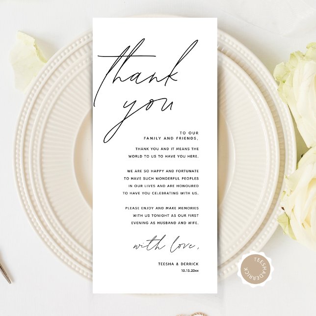 Inställning av tackkort för minimalistiskt Bröllop Program (Modern Minimalist Wedding Place Setting Thank You Card, Dinner Plate Decor, Online Editable)