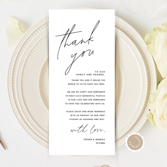 Inställning av tackkort för minimalistiskt Bröllop Program (Modern Minimalist Wedding Place Setting Thank You Card, Dinner Plate Decor, Online Editable)