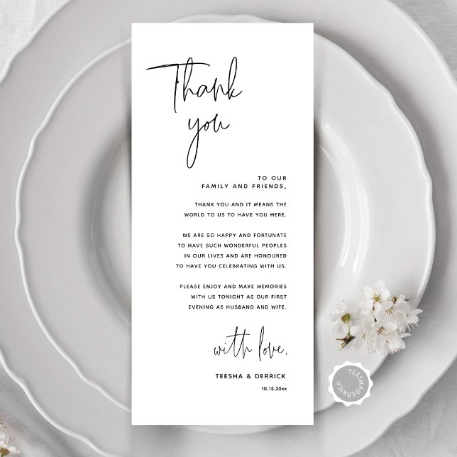 Inställning av tackkort för minimalistiskt Bröllop Program (Modern Minimalist Wedding Place Setting Thank You Card, Dinner Place Decor, Online Editable)