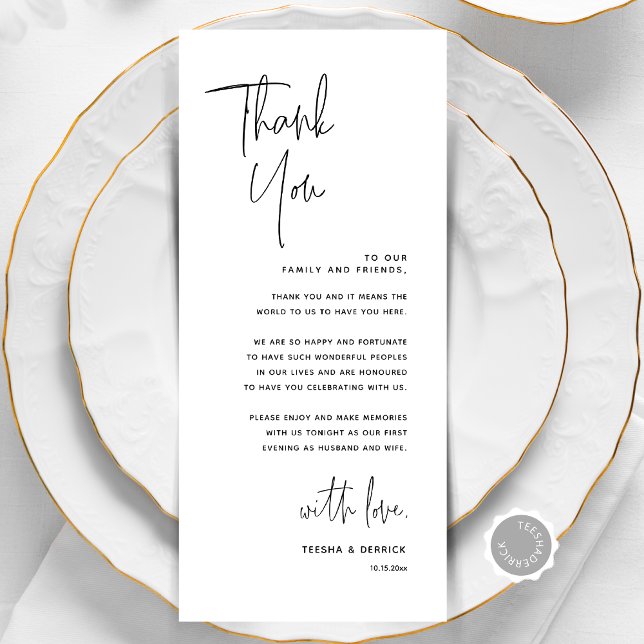 Inställning av tackkort för minimalistiskt Bröllop Program (Modern Minimalist Wedding Place Setting Thank You Card, Online Editable, Dinner Place Decor)