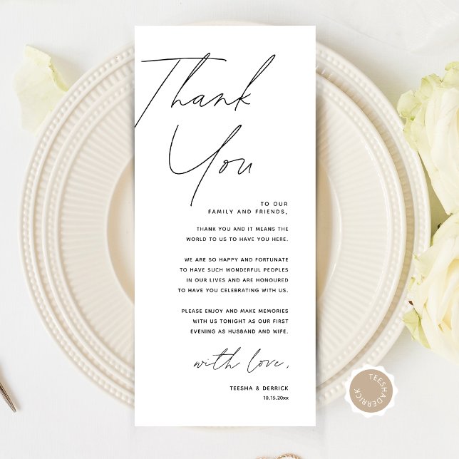 Inställning av tackkort för minimalistiskt Bröllop Program (Modern Minimalist Wedding Place Setting Thank You Card, Dinner Plate Decor, Online Editable)