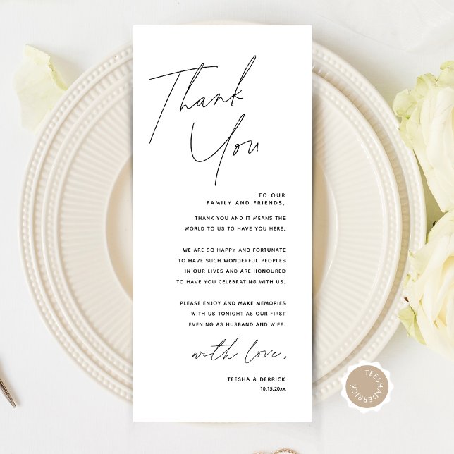 Inställning av tackkort för minimalistiskt Bröllop Program (Modern Minimalist Wedding Place Setting Thank You Card, Dinner Plate Decor, Online Editable)