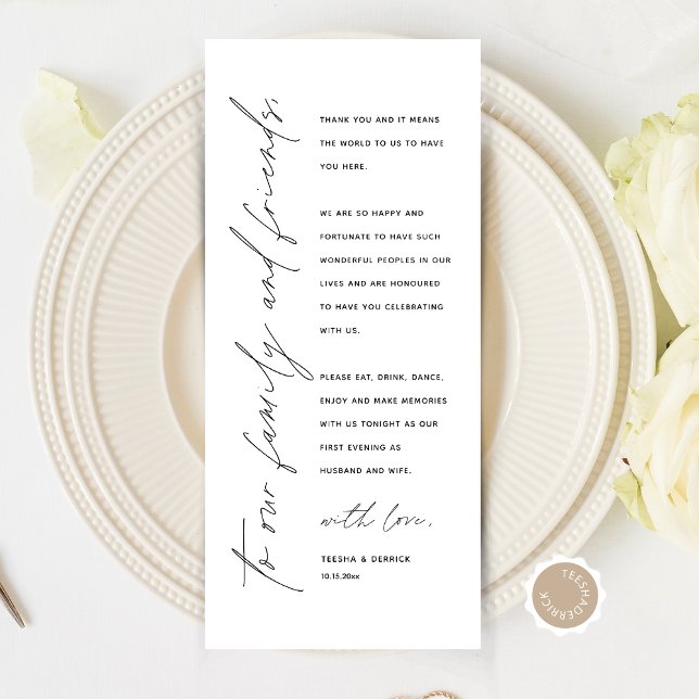 Inställning av tackkort för minimalistiskt Bröllop Program (Modern Minimalist Wedding Place Setting Thank You Card, Dinner Plate Decor, Online Editable)