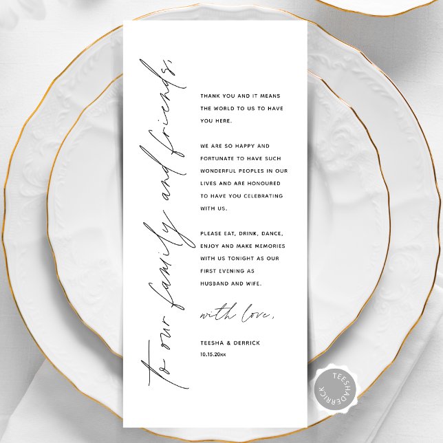 Inställning av tackkort för minimalistiskt Bröllop Program (Modern Minimalist Wedding Place Setting Thank You Card, Family and Friends, Online Editable)
