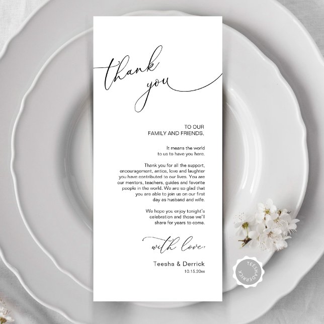 Inställning av tackkort för minimalistiskt Bröllop Program (Modern Minimalist Wedding Place Setting Thank You Card, Dinner, Brunch, Party Celebration)