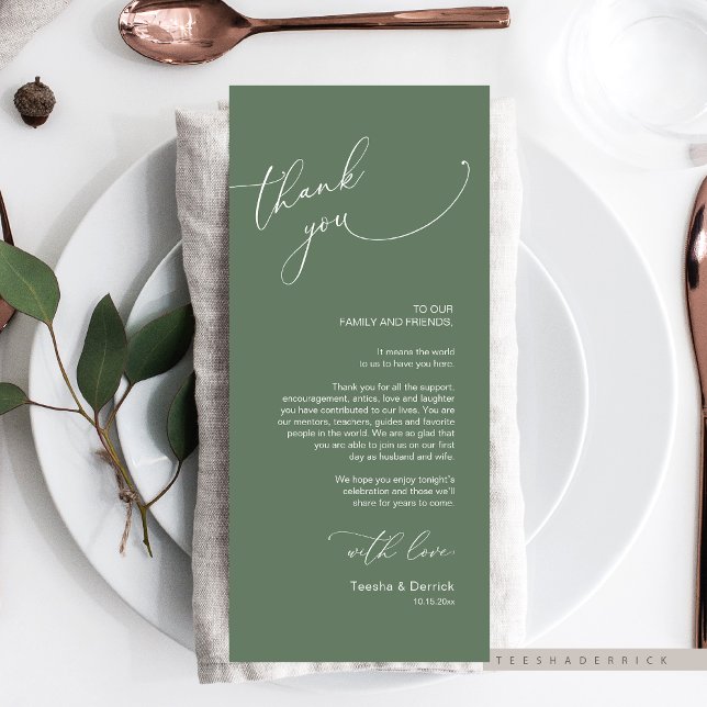 Inställning av tackkort för minimalistiskt Bröllop Program (Modern Romantic Wedding Place Setting Thank You Card, Dinner / Brunch Plate Decoration, Sage Green )