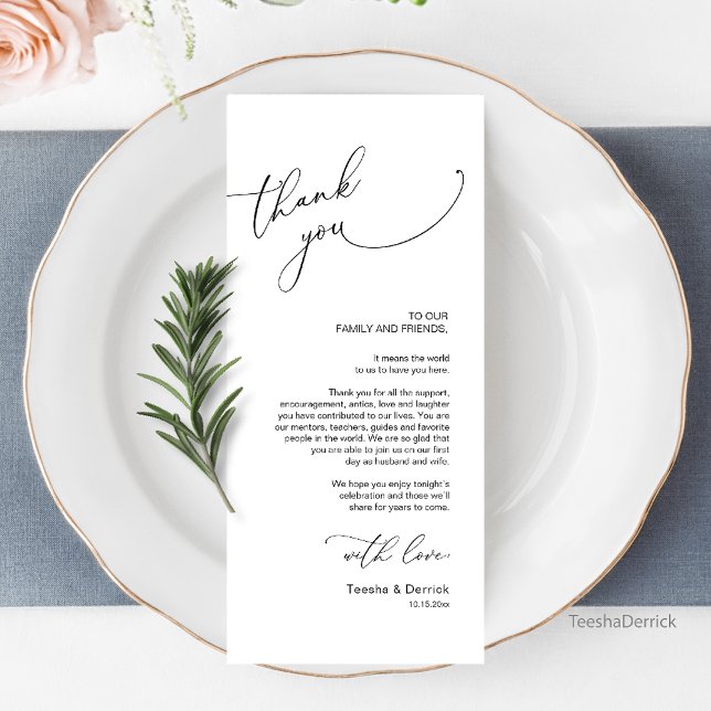 Inställning av tackkort för minimalistiskt Bröllop Program (Modern Romantic Wedding Dinner Place Setting Thank You Card, Plate Decoration)