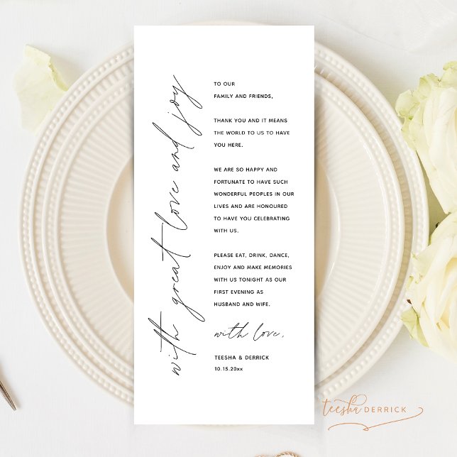 Inställning av tackkort för minimalistiskt Bröllop Program (With Great and Joy, Minimalist Modern Minimal Wedding Dinner Place Setting Thank You Card)