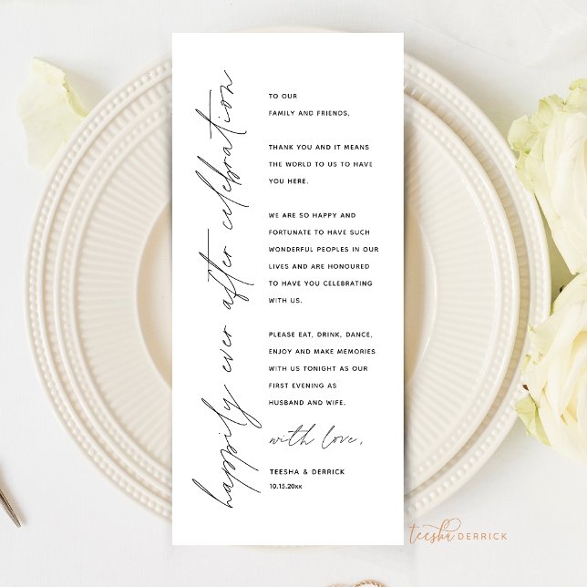Inställning av tackkort för minimalistiskt Bröllop Program (Happily Ever After, Wedding Place Setting Thank You Card, Elopement Dinner Celebration)