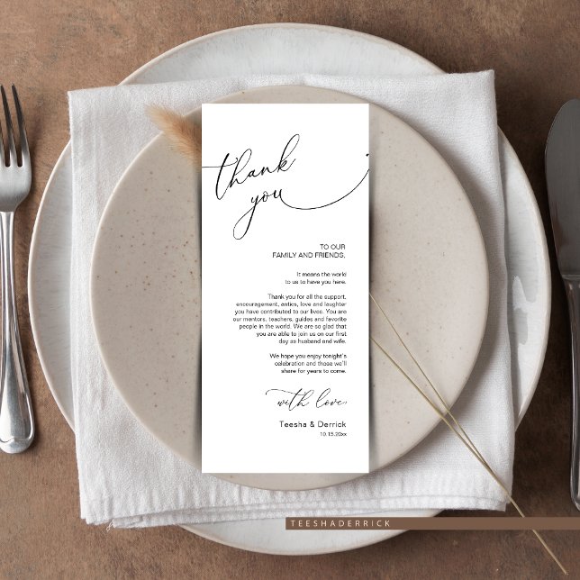 Inställning av tackkort för minimalistiskt Bröllop Program (Wedding Place Setting Thank You Card. in Modern Wedding Dinner Or Brunch, Romantic Script Design)