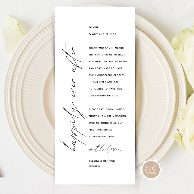 Inställning av tackkort för minimalistiskt Bröllop Program (Wedding Happily Ever After Dinner Place Setting Thank You Card, in Modern Minimalist Script Themed)