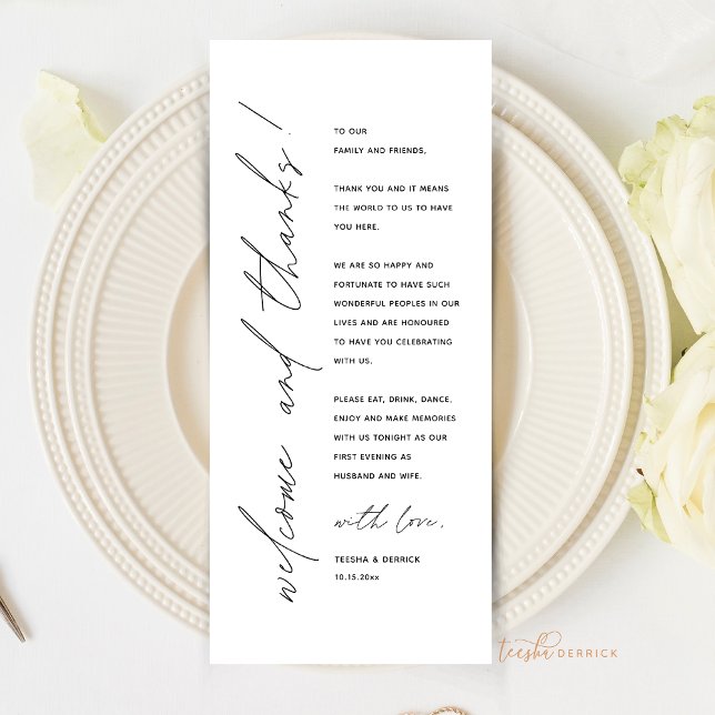 Inställning av tackkort för minimalistiskt Bröllop Program (Welcome and Thanks, Wedding Place Setting Thank You Card, Elopement Dinner, Modern Minimal theme)