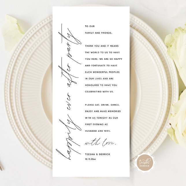 Inställning av tackkort för minimalistiskt Bröllop Program (Wedding Happily Ever After Dinner Party Place Setting Thank You Card, in Modern Minimalist Script)