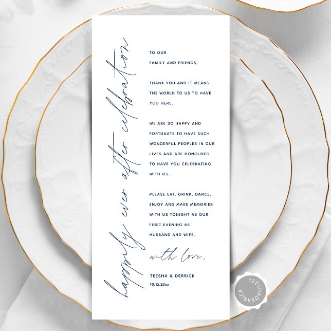 Inställning av tackkort för minimalistiskt Bröllop Program (Happily Ever After, Wedding Place Setting Thank You Card, Elopement Dinner Celebration, Navy Blue)