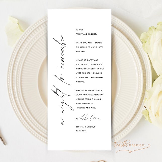 Inställning av tackkort för minimalistiskt Bröllop Program (A night to remember, Modern Minimalist Wedding Dinner Place Setting Thank You Card)
