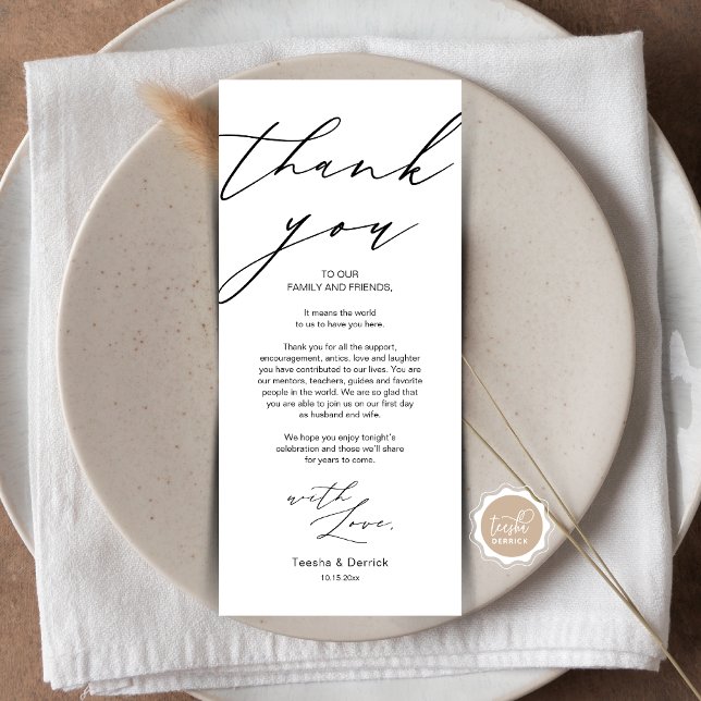 Inställning av tackkort för minimalistiskt Bröllop Program (Wedding Dinner Place Setting Thank You Card, Plate Decor, in Modern Gentle Script, Black themed.)