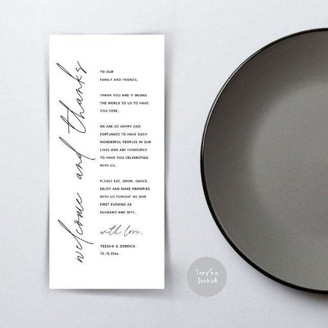 Inställning av tackkort för minimalistiskt Bröllop Program (Wedding Dinner Place Setting Thank You Card, Modern Minimalist, in Black and White)