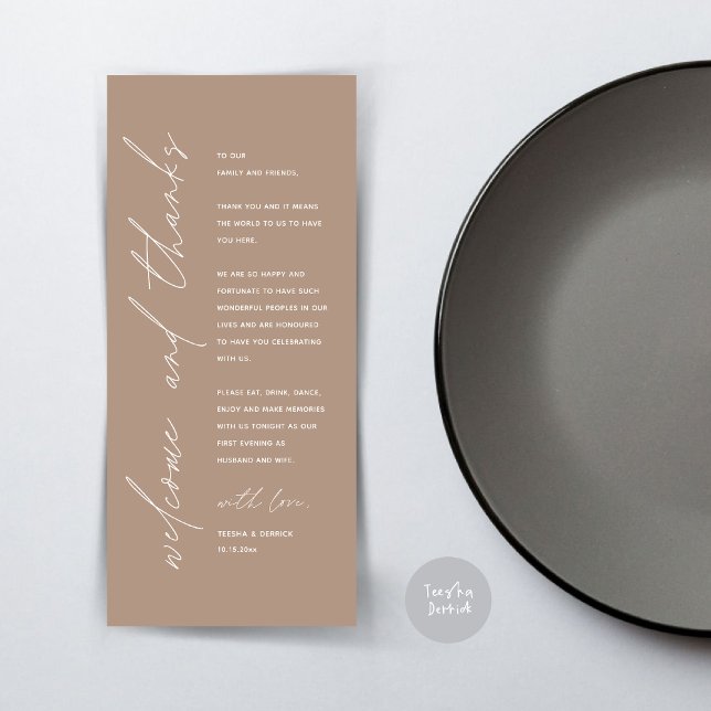 Inställning av tackkort för minimalistiskt Bröllop Program (Wedding Dinner Place Setting Thank You Card, Modern Minimalist, in Warm Taupe)
